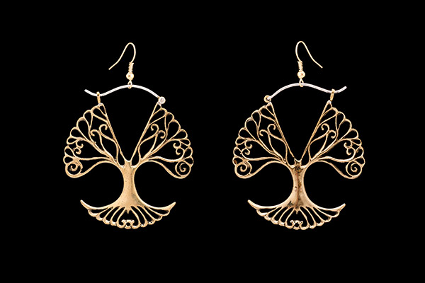 A Pair Of Golden Metal 'Tree Of Life' Earrings Suspended From Gold Plated Wire Hooks