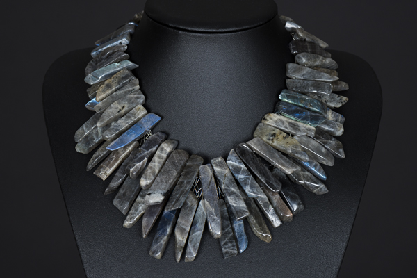 A Necklace Of Madagascan Labradorite Overlapping Drops Attached Onto A Silvered Metal Wire Frame