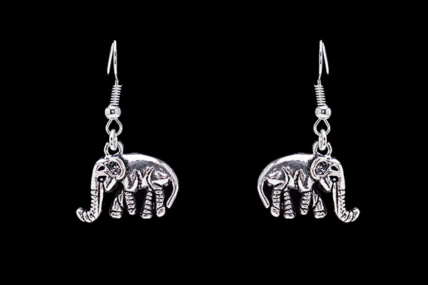 A Pair Of Silvered Metal Elephant Earrings Suspended From Silver Metal Wire Hooks
