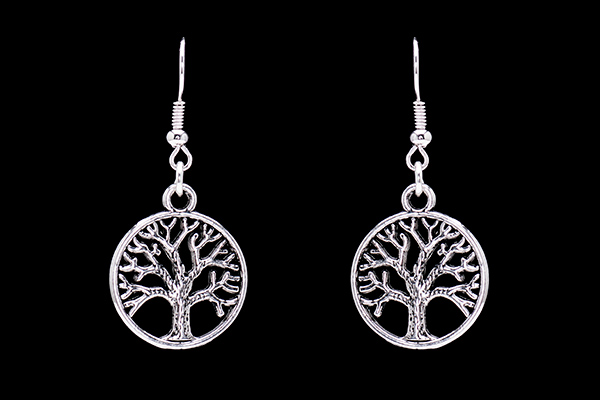 A Pair Of Silvered Metal Circular Band Drop Earrings Each With A Silvered Metal Tree In The Centre