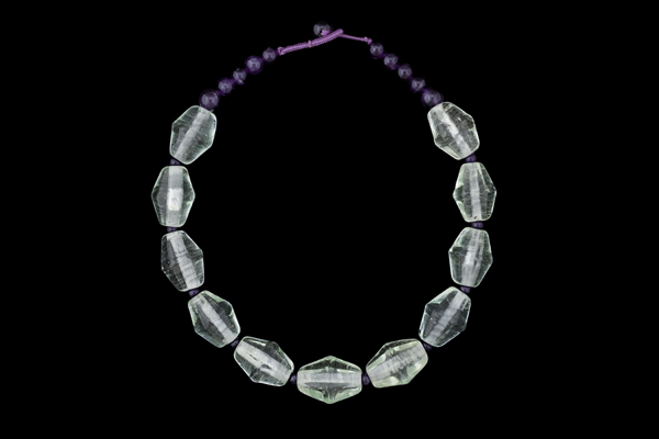 A Necklace Of Javanese Facetted And Ridged 'Aquamarine' Glass Beads With Amethyst Spacers