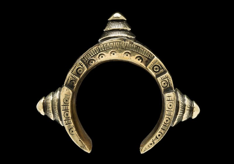 A West African Brass Traditional Tribal Patterned Open Cuff With Three Tiered Circular Lugs,