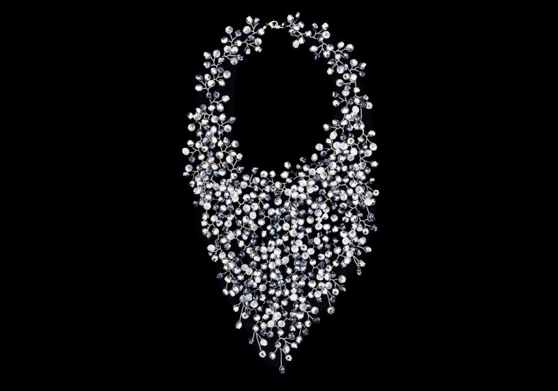 Triangular Shaped Silvered Metal Wires Necklace With Round Faceted Silver Glass Beads