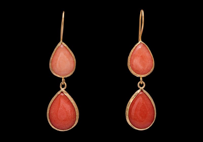A Pair Of Gold Plated Double Teardrop Earrings, Each  Inlaid With Orange Dyed Agate Domed Cabochons