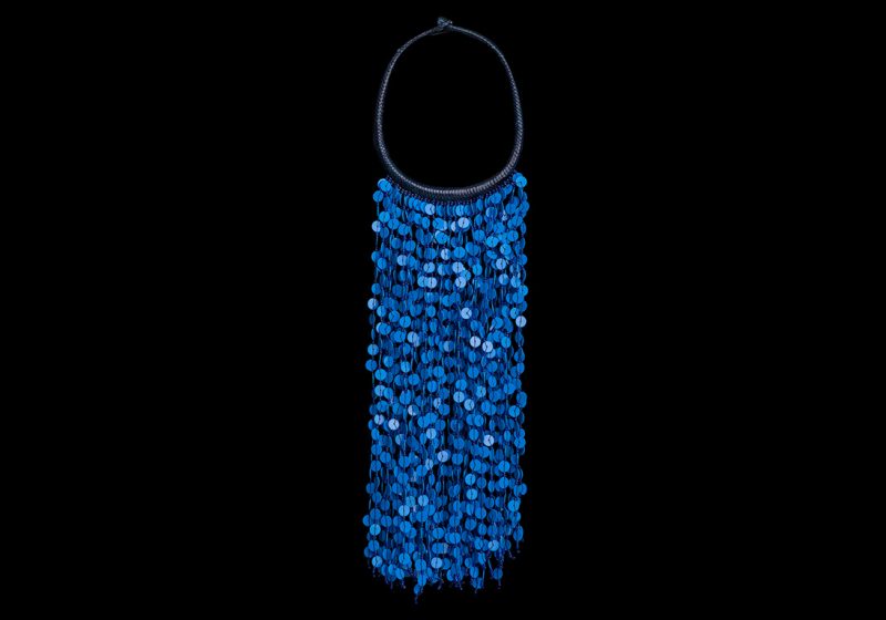 A West African Black Braided Leather Necklace With A Fringe Of Blue Vinyl Discs And Blue Glass Beads