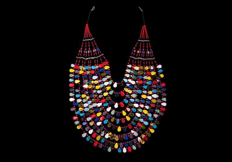 A West African Long Necklace With Ten Graduated Strands Of Bohemian Glass Multicoloured Teardrops