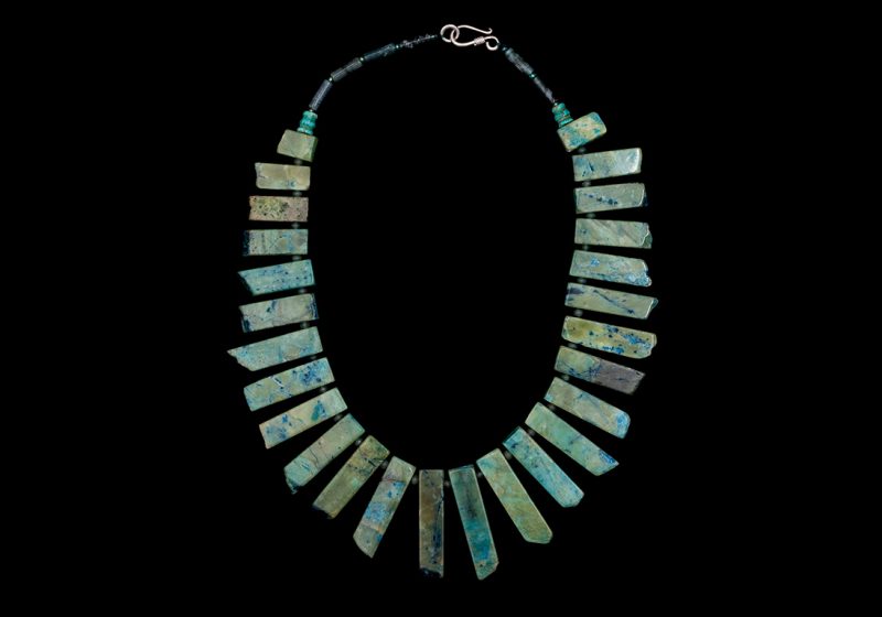 A Necklace Of Mottled Green Jadeite  Rectangular Drops With Small Green Onyx Round Spacers And Beads