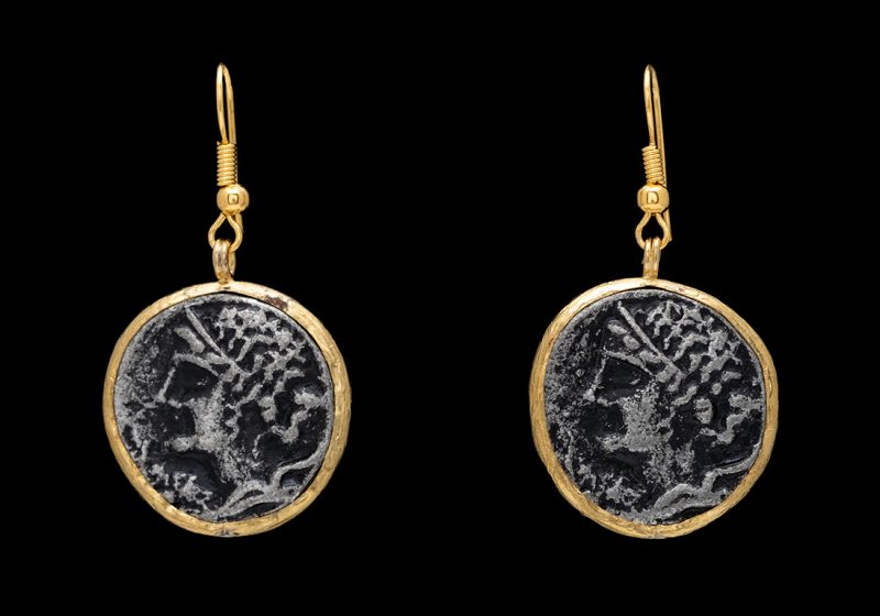 Pair Of Earrings With Oxidised Silvered Metal Copies Of Ancient Roman Coins Set In Gold Plated Rims