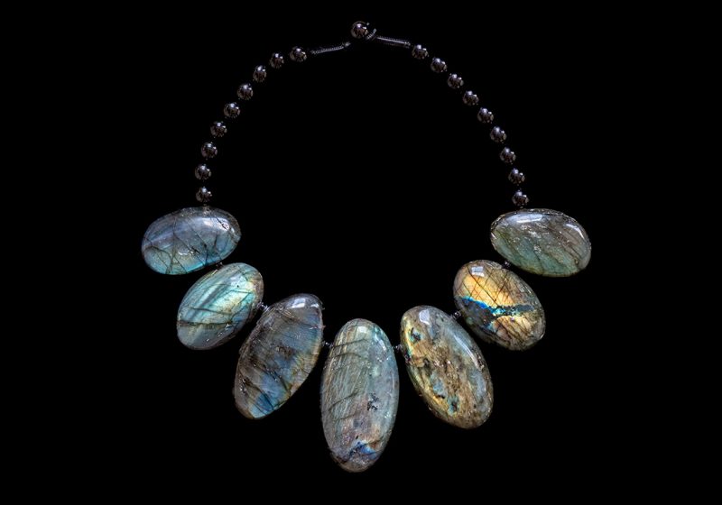 A Necklace Of Seven Madagascan Labradorite Large Oval Drops With Black Onyx Round Spacers And Beads