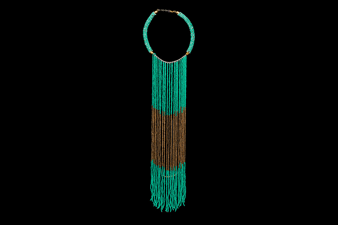 An East African Curved Beaded Necklace With A Long Fringe Of Green And Gold Small Resin Beads