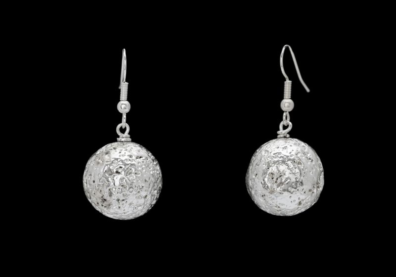 A Pair Of Silver Electroplated Pitted Lava Round Moon Bead Earrings On Silver Wire Hooks