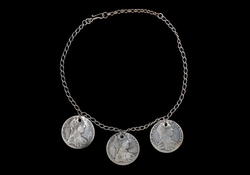 A Silver Chain Links Necklace With Three Antique Silver Maria Theresa Thaler Circular Coin Pendants