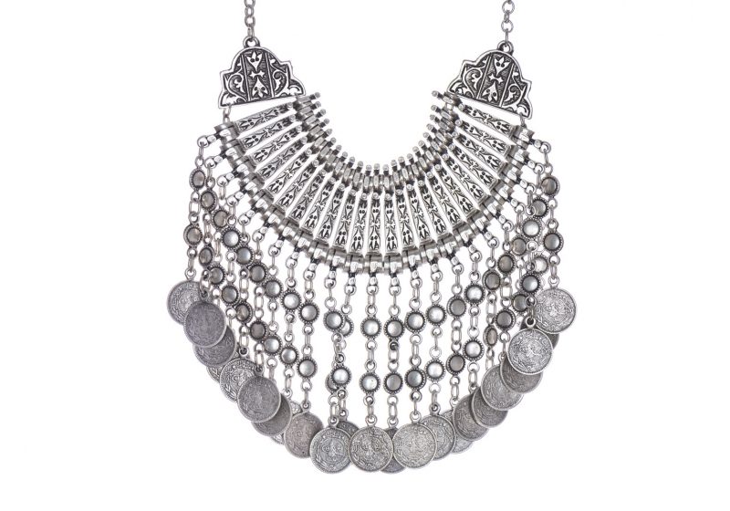 An Afghan Silvered Metal Curved Double Band Necklace With A Fringe Of Twenty-Eight Long Pendants