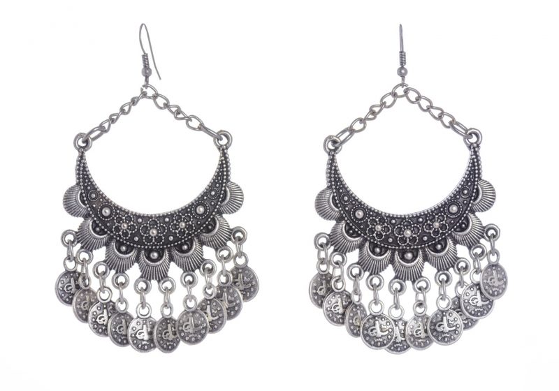 A Pair Of Kurdish Silvered Metal Curved Patterned Two Band Earrings With A Fringe Of Small Discs