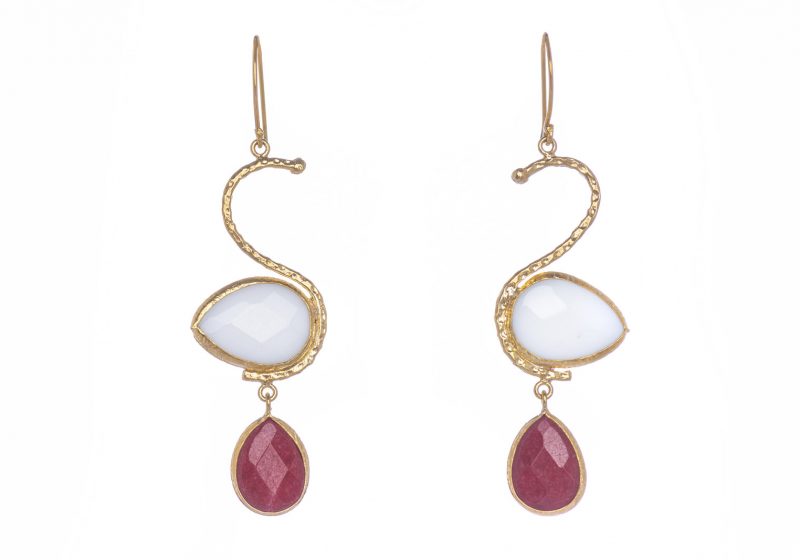A Pair Of Gold Plated Swan Shape Earrings, Each With White And Red Facetted Glass