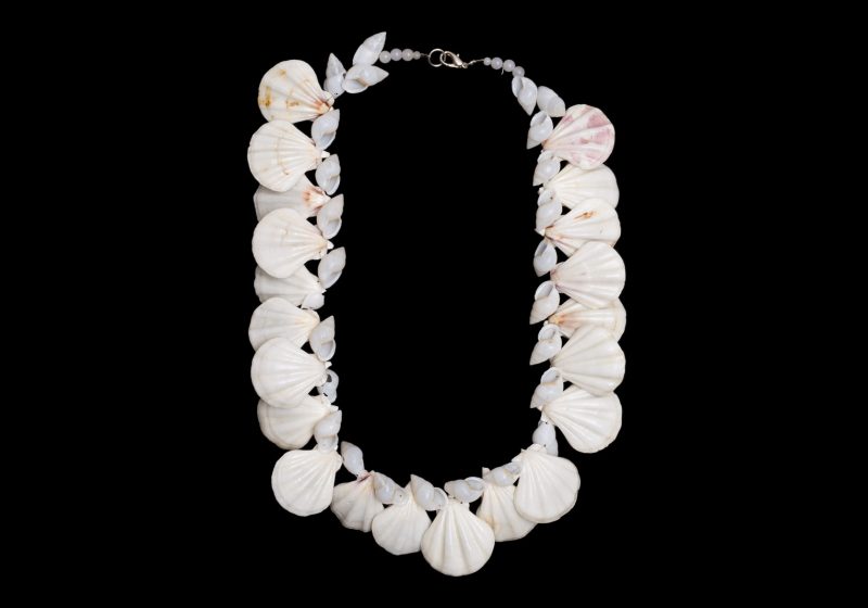 A Long Necklace Of Twenty-One White Fan Shaped Shells And Twenty-Four Small White Curled Shells