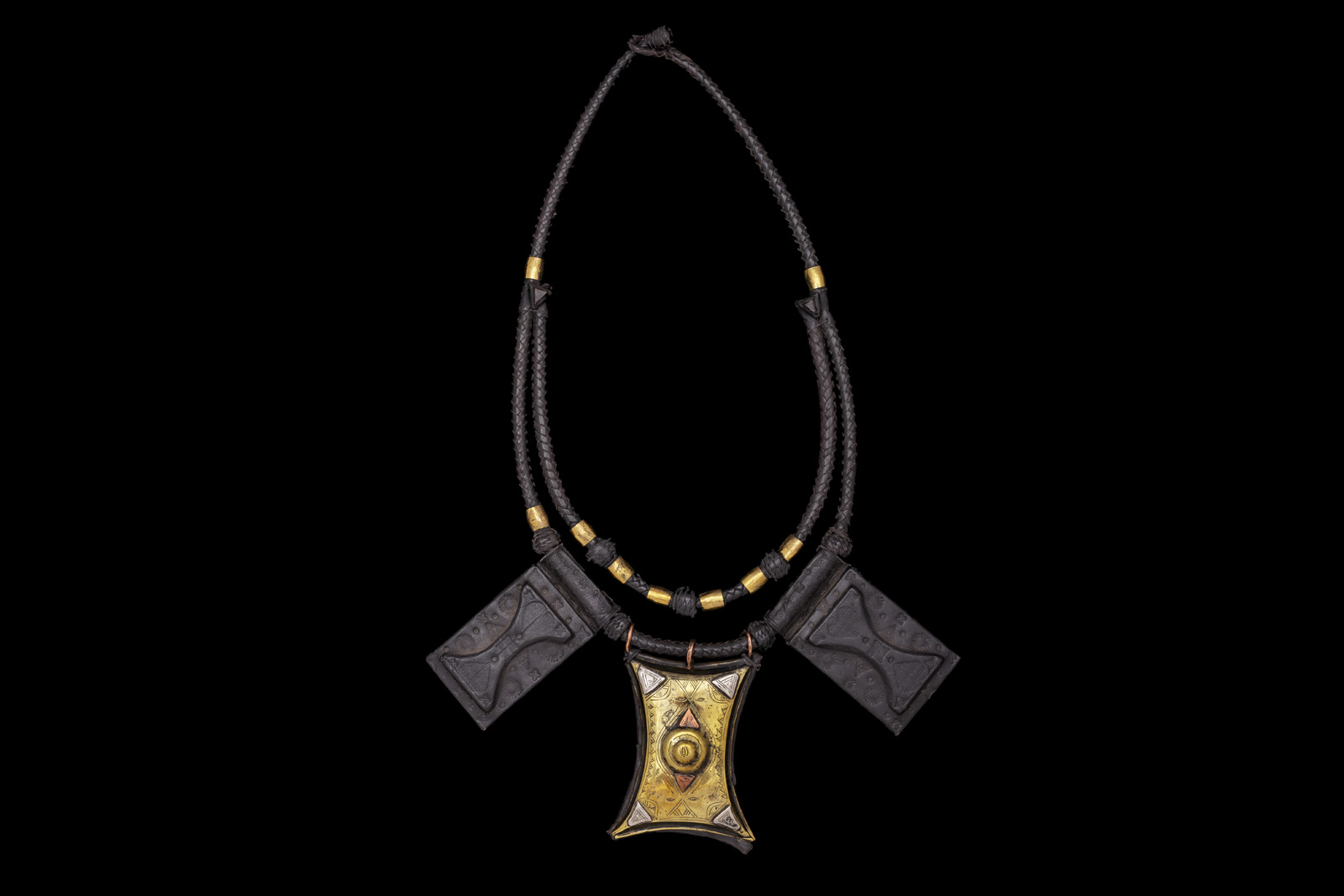 A Tuareg Black Braided Leather Two Band Necklace Decorated With Three Gris Gris Rectangular Pendants