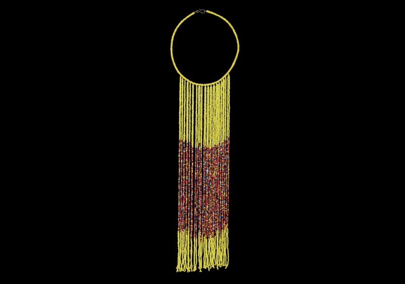 An African Yellow Resin Beads Curved Band Necklace With A Fringe Of Yellow And Multicoloured Small Resin Beads
