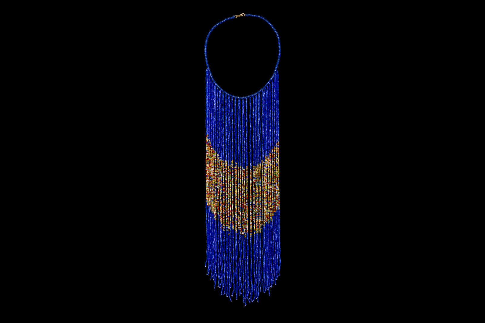 An African Yellow Resin Beads Curved Band Necklace With A Fringe Of Blue And Multicoloured Small Resin Beads