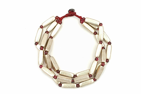 Silver Rectangles and Garnet Balls Three Strand Bracelet
