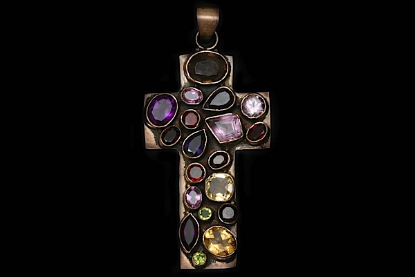 Semi-preciuos Facetted Cabouchons and Silver Cross Pendant