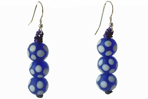 Blue Dotted Venetian Glass Three Drops Earrings.