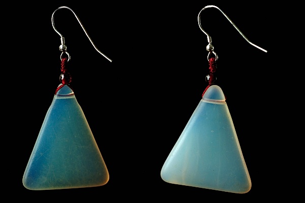 Bohemian Opalescent Glass Flat Triangles and Garnet Drops Earrings
