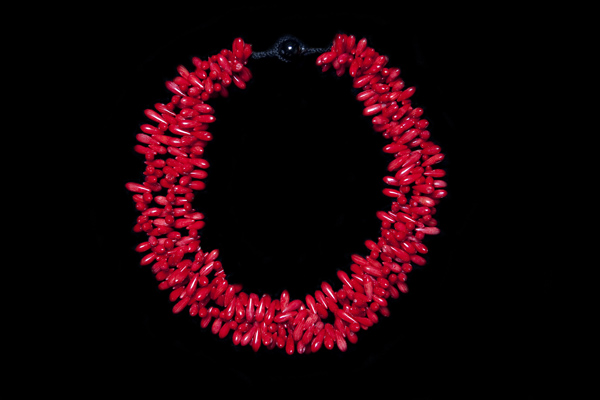 Red Coral Small Teardrops Three Strand Necklace