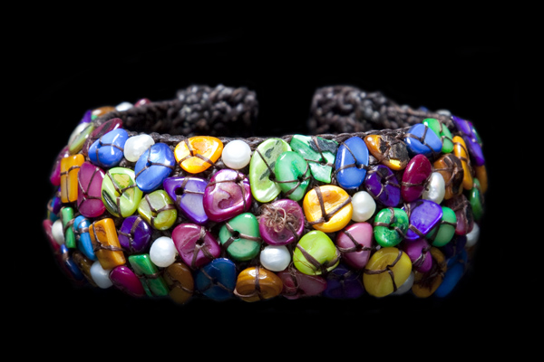 Multi-Coloured Dyed Shells And Pearls Open Cuff