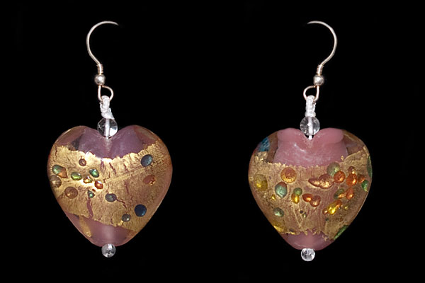Gold Painted And Multi-coloured Glass Heart Shaped Earriings