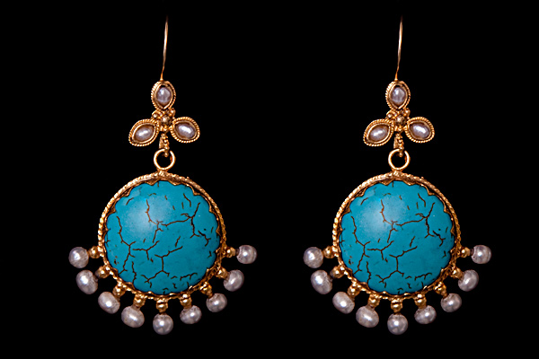 Gold Plated, Turquoise, And Pearls Oval Large Earrings