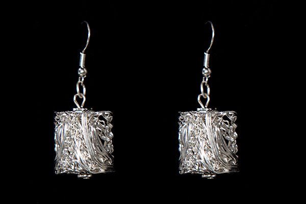 Silvered Metal Interlocking Wires Barrel Earrings