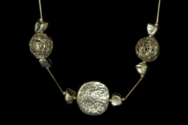 Golden Metal Discs And Round Wire Beads Long Necklace