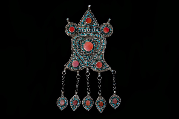 Uzbek Large Antique Silver, Cornelian, And Turquoise Pendant