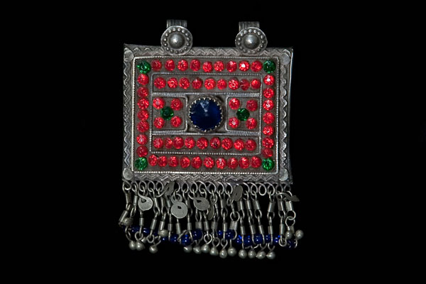 Kuchi Tribal Silvered Metal And Red Glass Rectangular Pendant