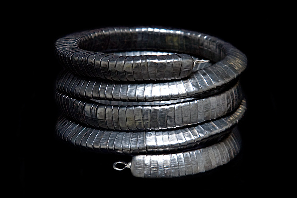 Dark Silvered Metal Striped Coiled Bangle