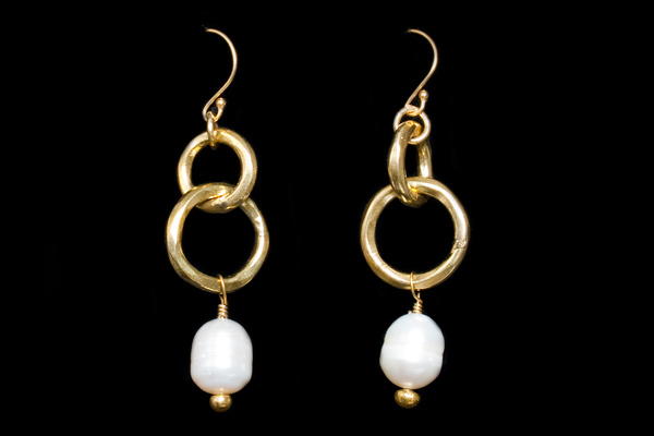 Gold Plated Two Circles Earrings With White Pearl Pendants