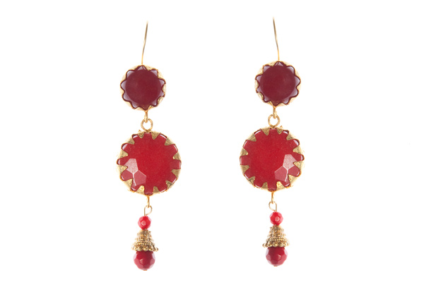 Gold Plated And Red Dyed Aventurine Drop Earrings