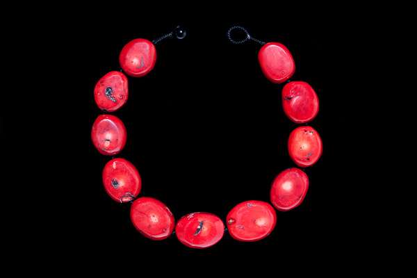 Red Dyed Sea Bamboo Smooth Ovals Necklace