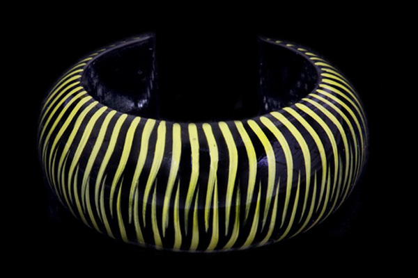Green And Black Painted 'Zebra" Patterned Wood  Open Cuff
