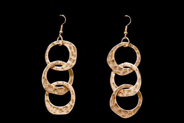 Golden Metal Flat Irregular Battered LoopsThree Drop Earrings