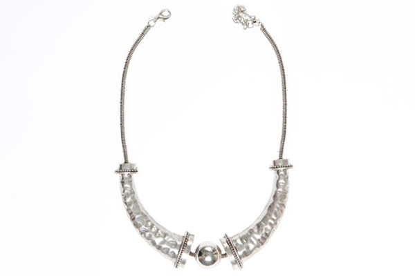 Silvered Metal Two Curved Long Battered Beads And A Round Bead, Pendant Necklace