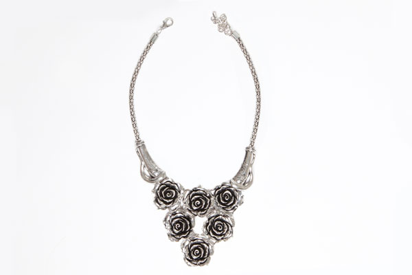 Silvered Metal Six Roses Pendant On A Silvered Metal Chain Necklace