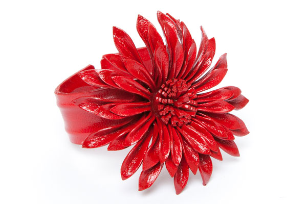 Red Dyed Large Leather Sunflower Open Cuff