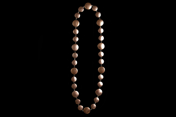 Copper Dyed Resin Large And Small Discs Linked By Silvered Metal Rings Long Necklace