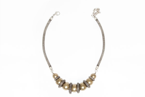 Silvered Metal Mesh Necklace With Golden Metal Round Beads and Silvered Metal Mesh Rings