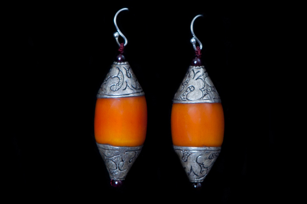 Orange Copal Amber Long Oval Earrings With Silver Decorated Ends