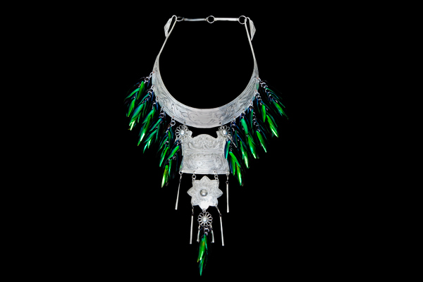 Northern Thai Silvered Metal And Green Beetle Wings Ceremonial Necklace