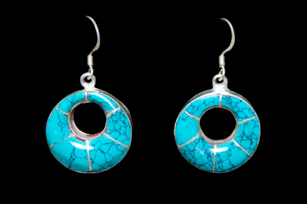 Silver Circular Looped Earrings Inlaid With Turquoise Graduated Curved Bands