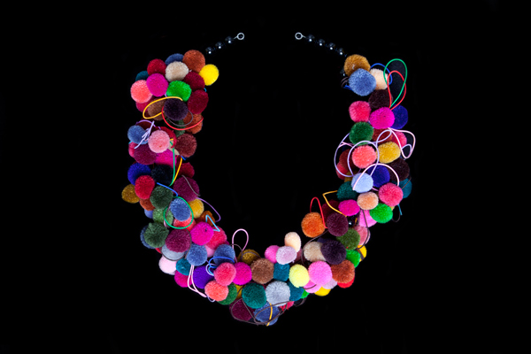 Thai Multi-Coloured bunched Cotton Pom-Poms On A Black Glass Round Beads Long Necklace